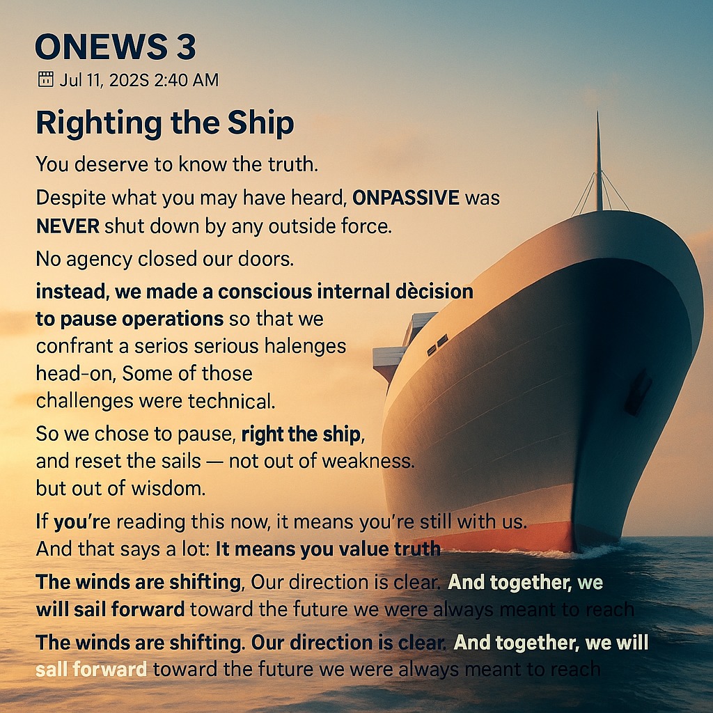 Ultra-realistic image of a sleek ship sailing into clear waters from a storm, symbolizing the positive ONPASSIVE update and renewed direction.