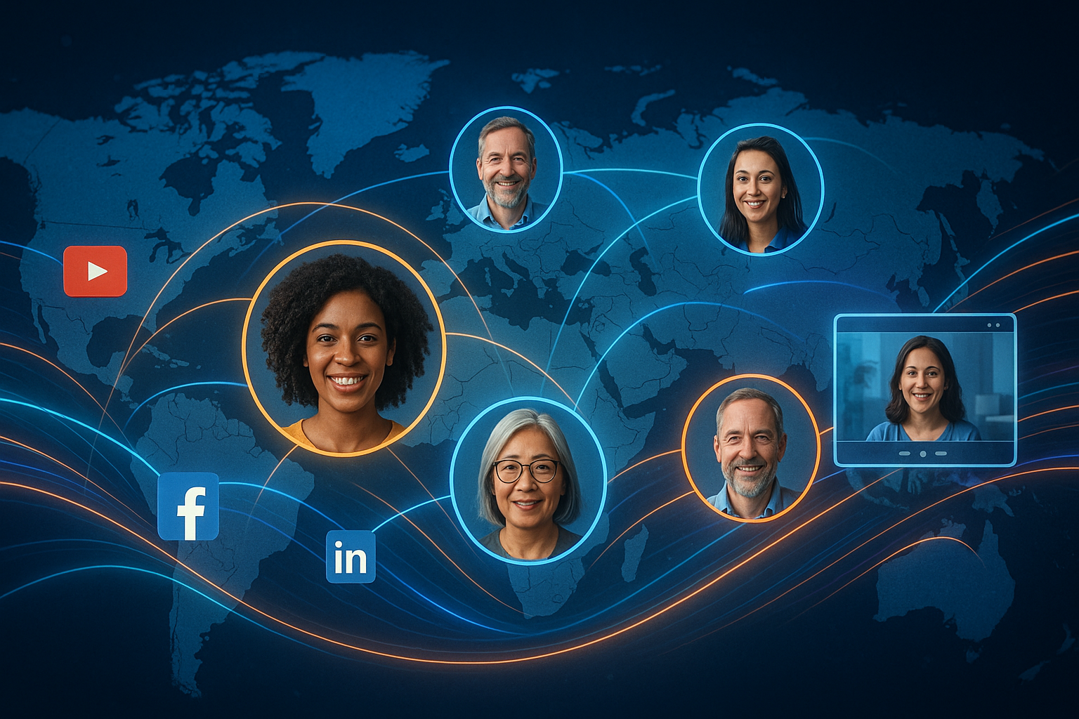 A graphic representation of a global online community, showing diverse users connected by digital lines across a world map, symbolizing ONPASSIVE's efforts in rebuilding its community through webinars, Q&As, and social media engagement