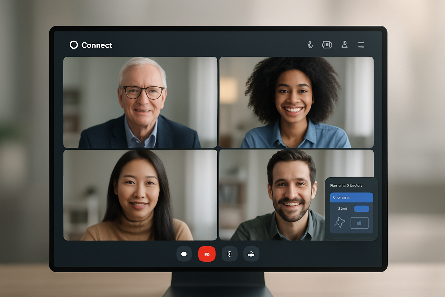 A screenshot of the O-Connect video conferencing platform in action, displaying multiple users in a high-definition call with features like real-time translation and a digital whiteboard, highlighting its AI-powered capabilities.
