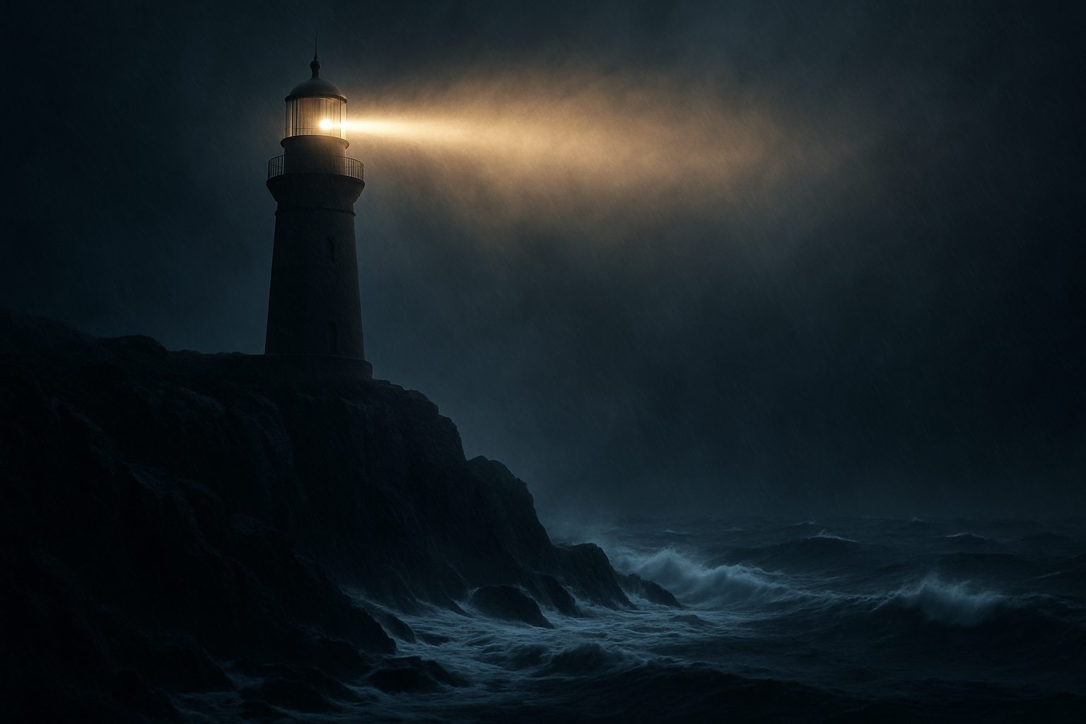 A lighthouse shining a bright beam of light through a dark night, symbolizing the critical Ash Mufareh warning and his call for clarity and integrity.