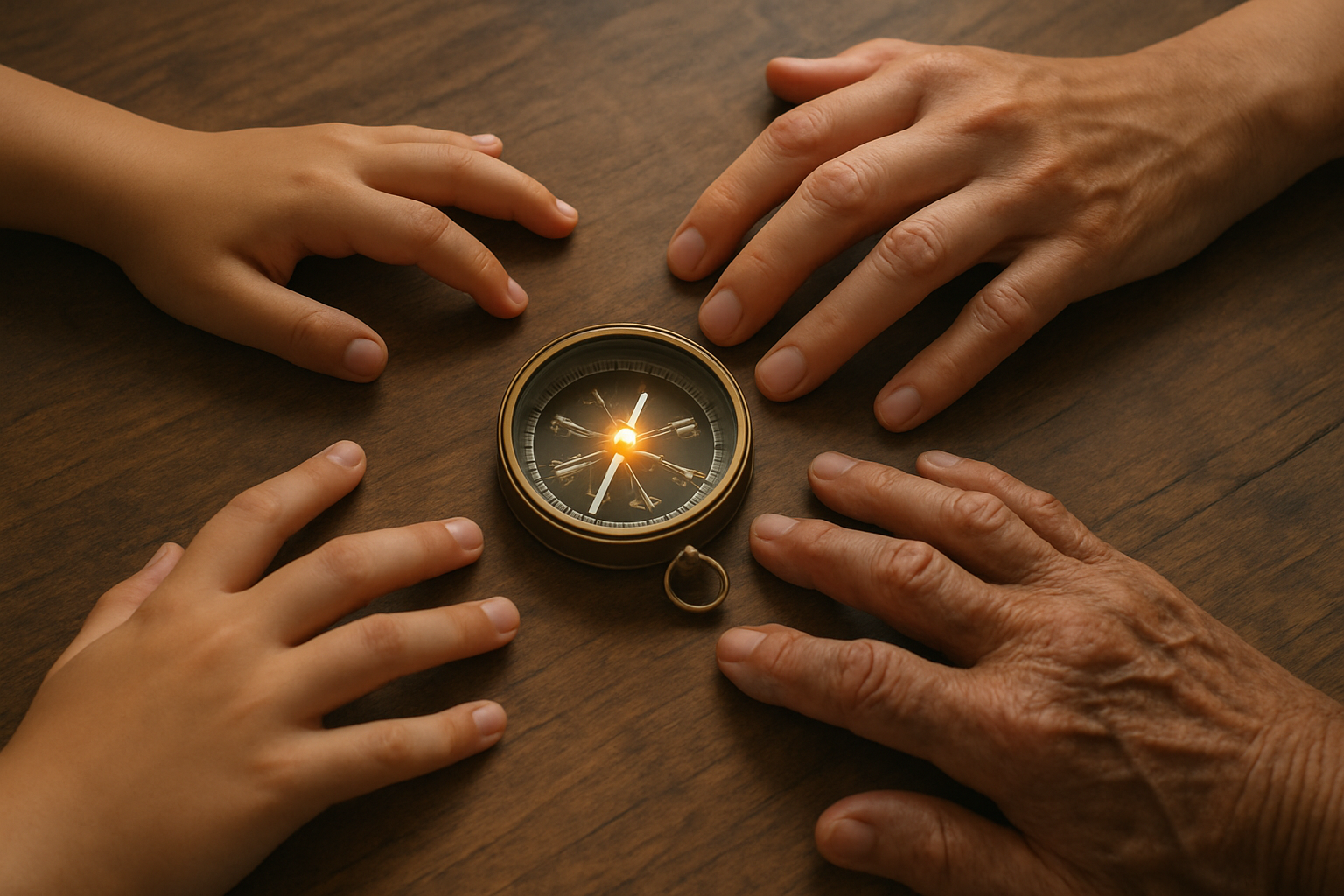 generational-compass-ethical-purpose Unified vision for success: generations united by a glowing compass