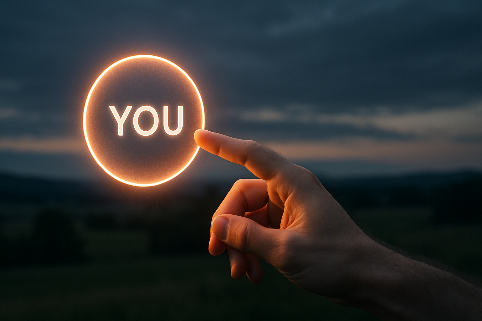 Ultra-realistic landscape image of a hand reaching out to activate a glowing digital 'YOU' button, symbolizing the community's driving force in ONEWS 4. This should be in landscape mode.Ultra-realistic landscape image of a hand reaching out to activate a glowing digital 'YOU' button, symbolizing the community's driving force in ONEWS 4. This should be in landscape mode.