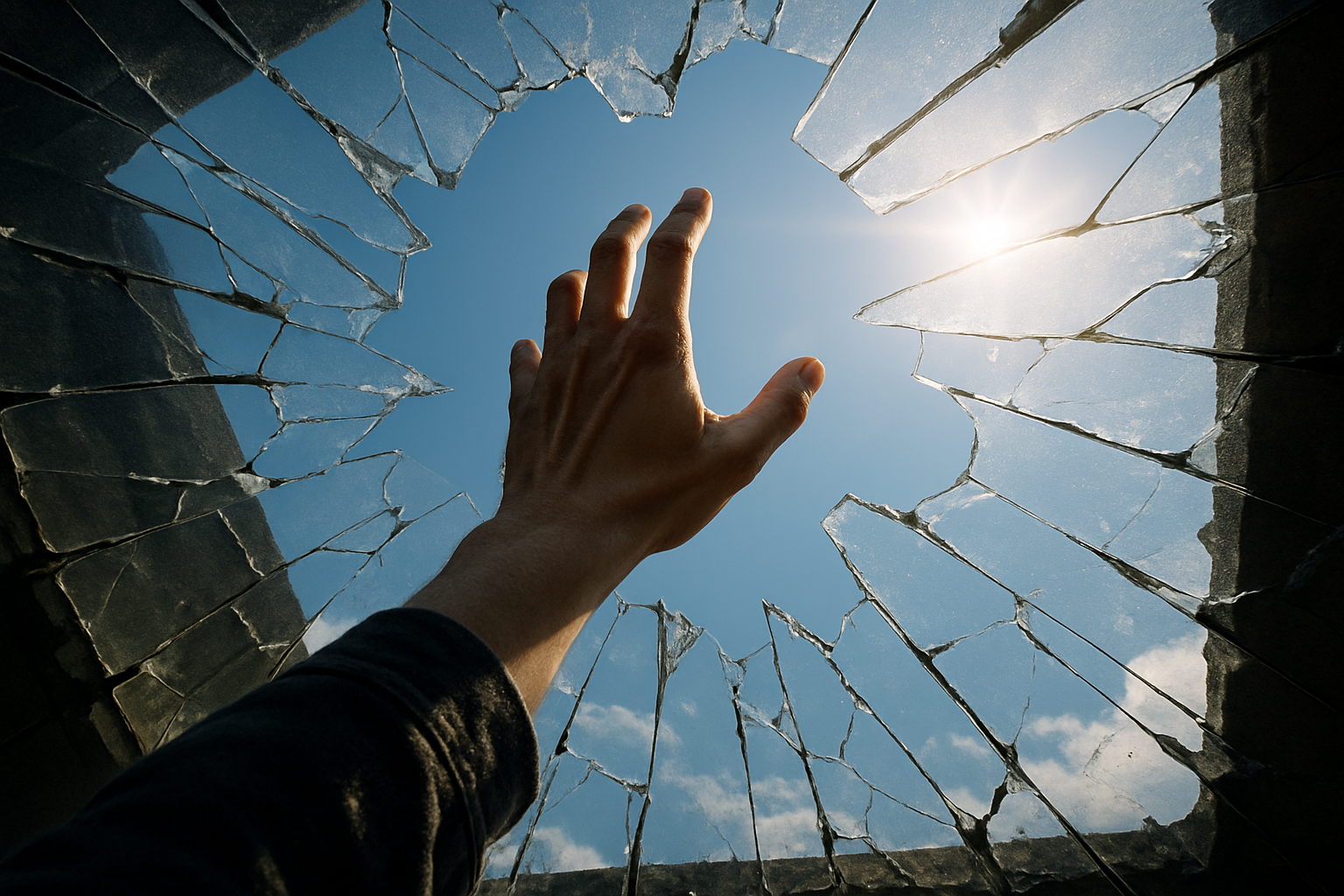 Hand breaking through shattered glass ceiling towards clear sky.