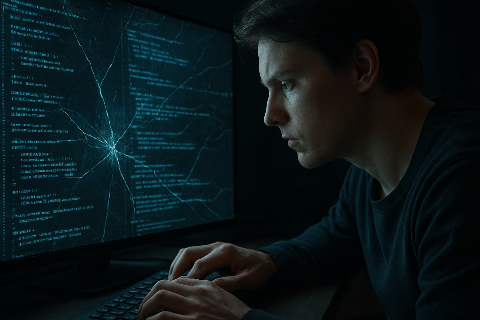 onews-cyber-defense Hacker-style attack on glowing computer code with person defending.