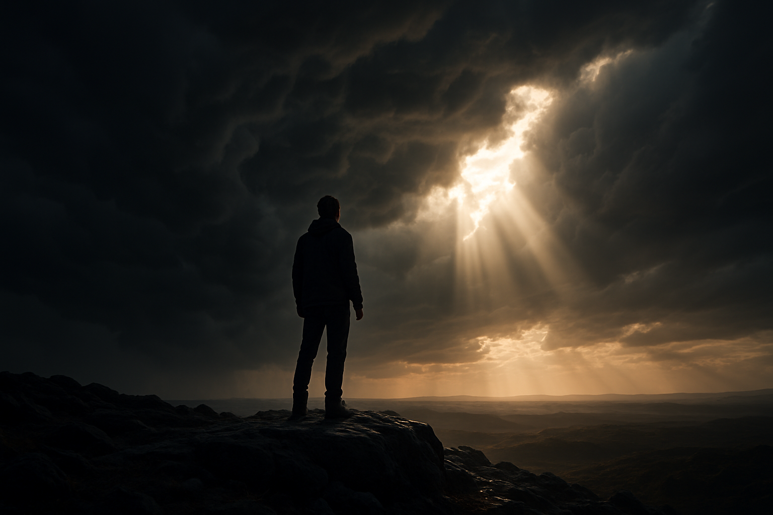 Person stands strong against stormy sky as sun breaks through.