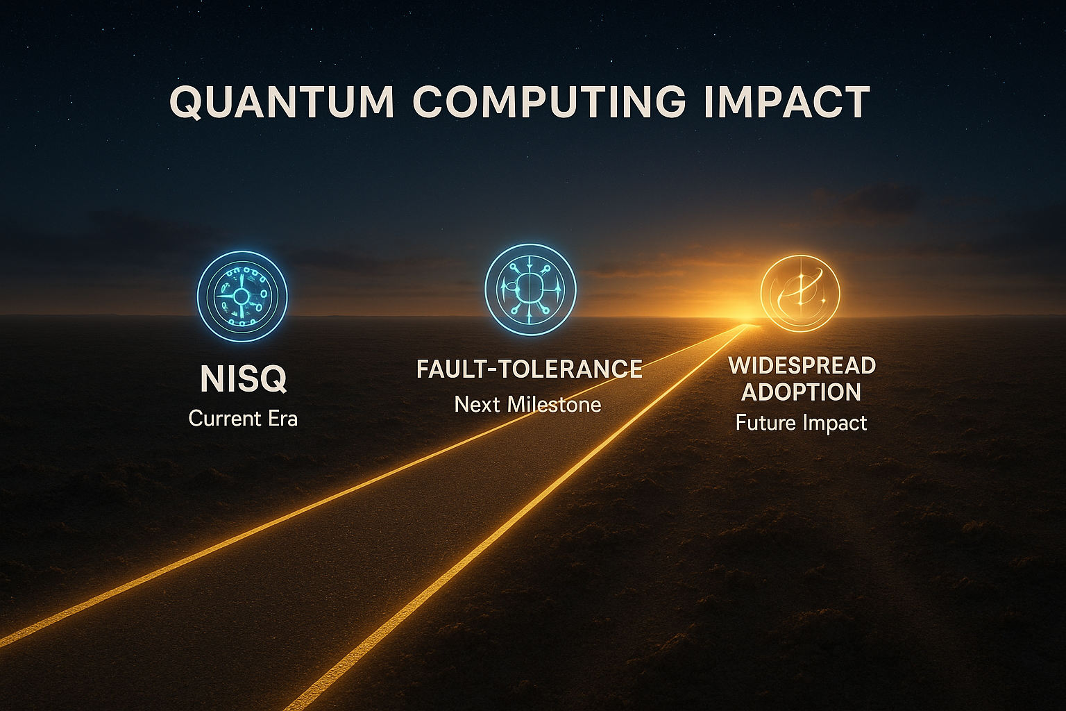 Timeline illustrating the progression of quantum computing from NISQ to fault-tolerant systems and broader impact.