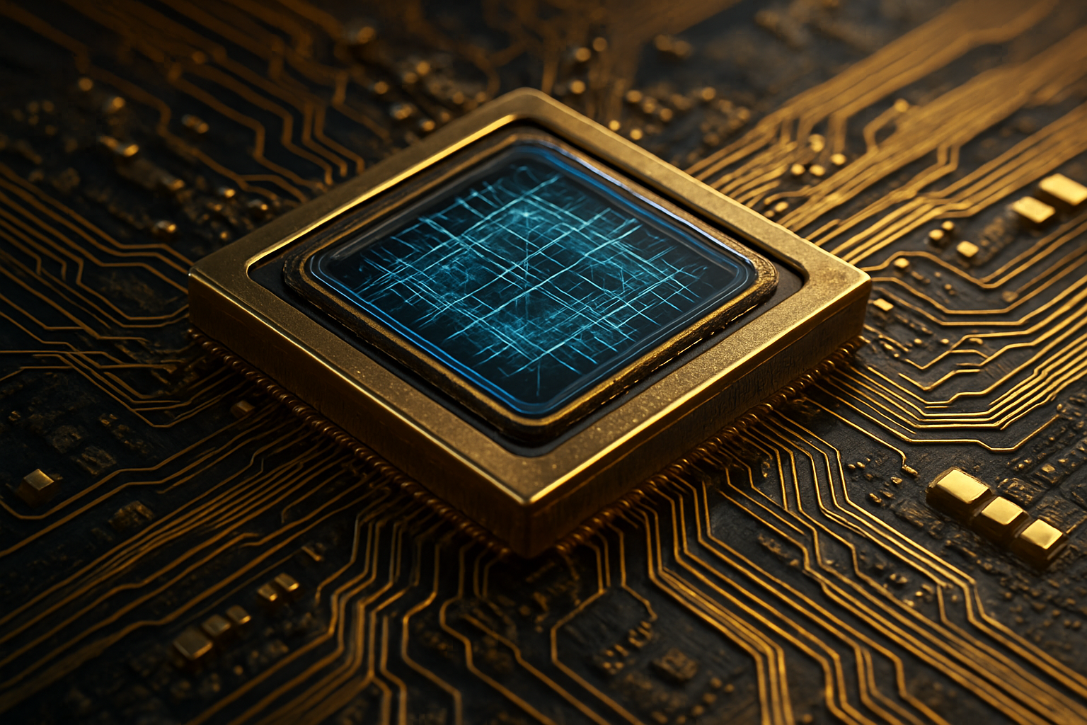 Close-up of a quantum computer processor chip, symbolizing advanced hardware breakthroughs.