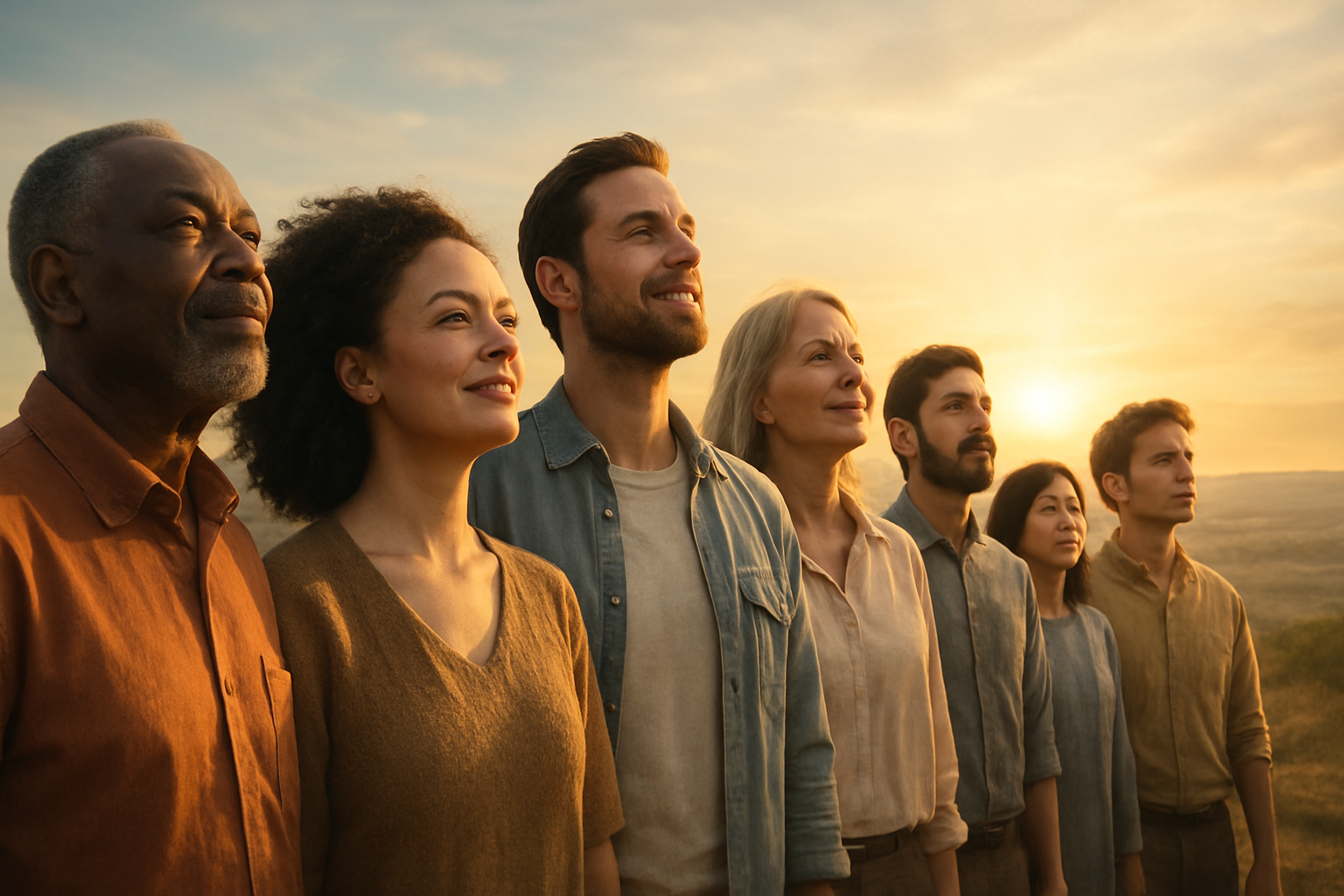 Unified vision for success: diverse community standing at sunrise