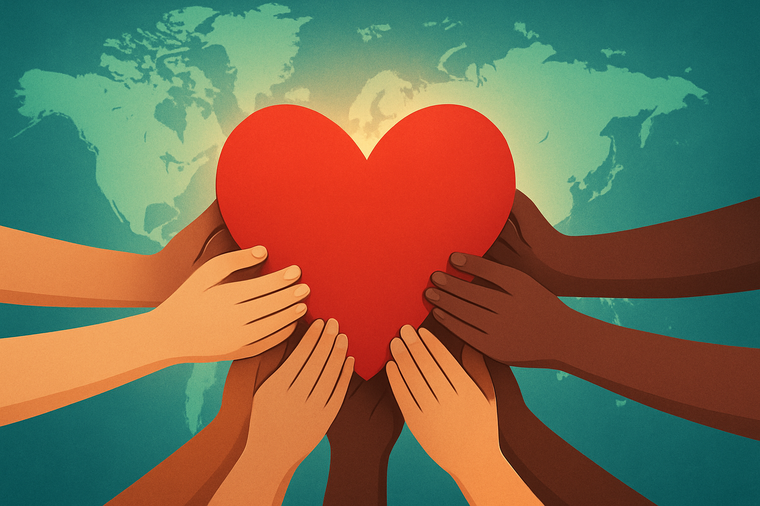 A diverse community's hands supporting a glowing heart over a world map, illustrating a unified and powerful collective.