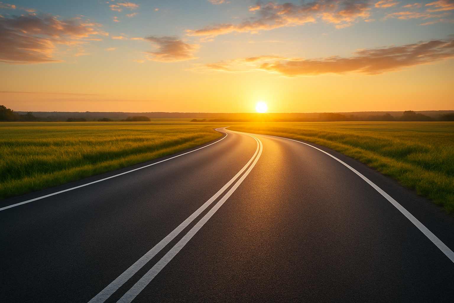 A winding road leading towards a bright, hopeful horizon at sunrise, symbolizing a fresh start and the journey ahead.