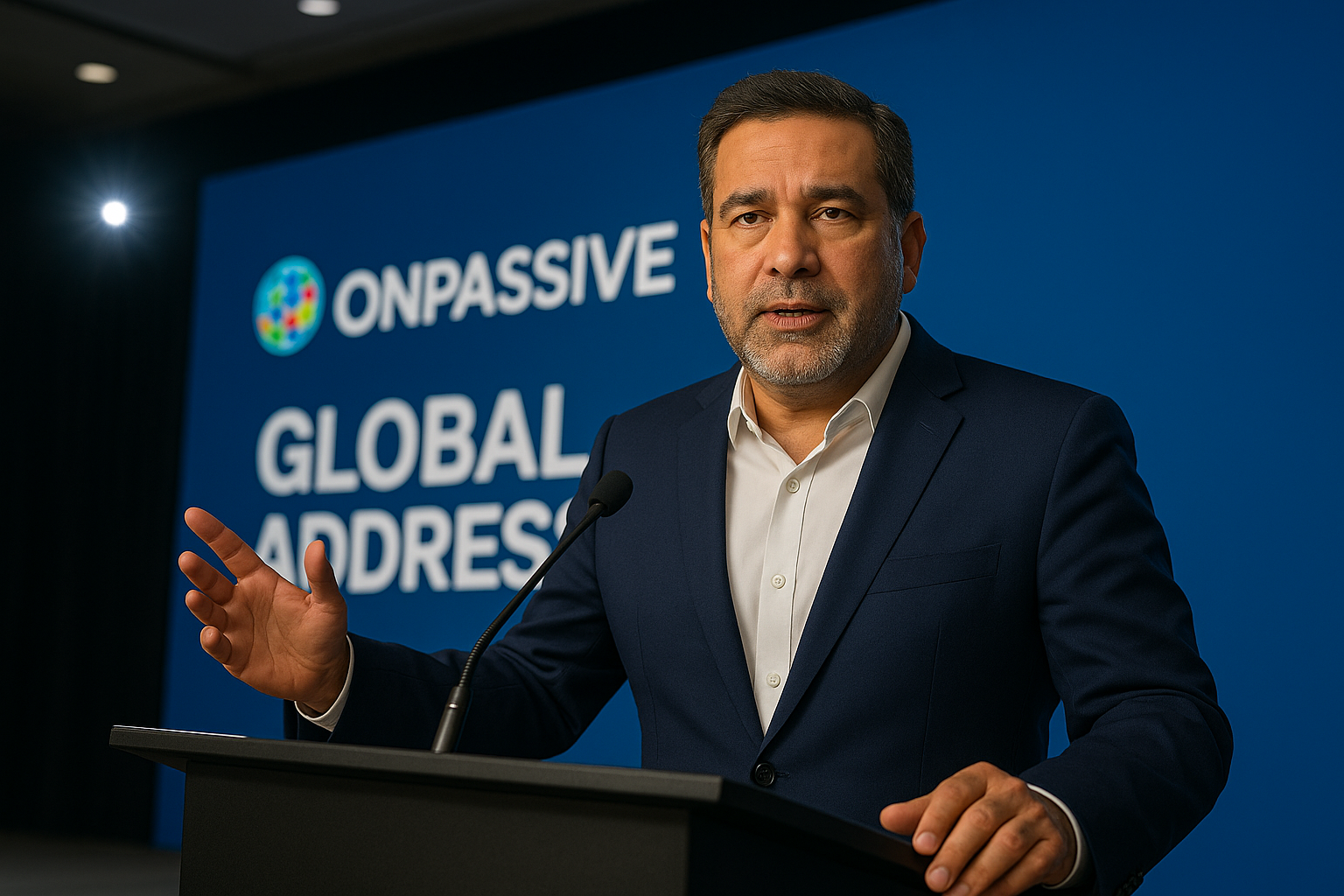 Ash Mufareh delivering a direct, powerful message during the ONPASSIVE Global Address, speaking to the worldwide community.