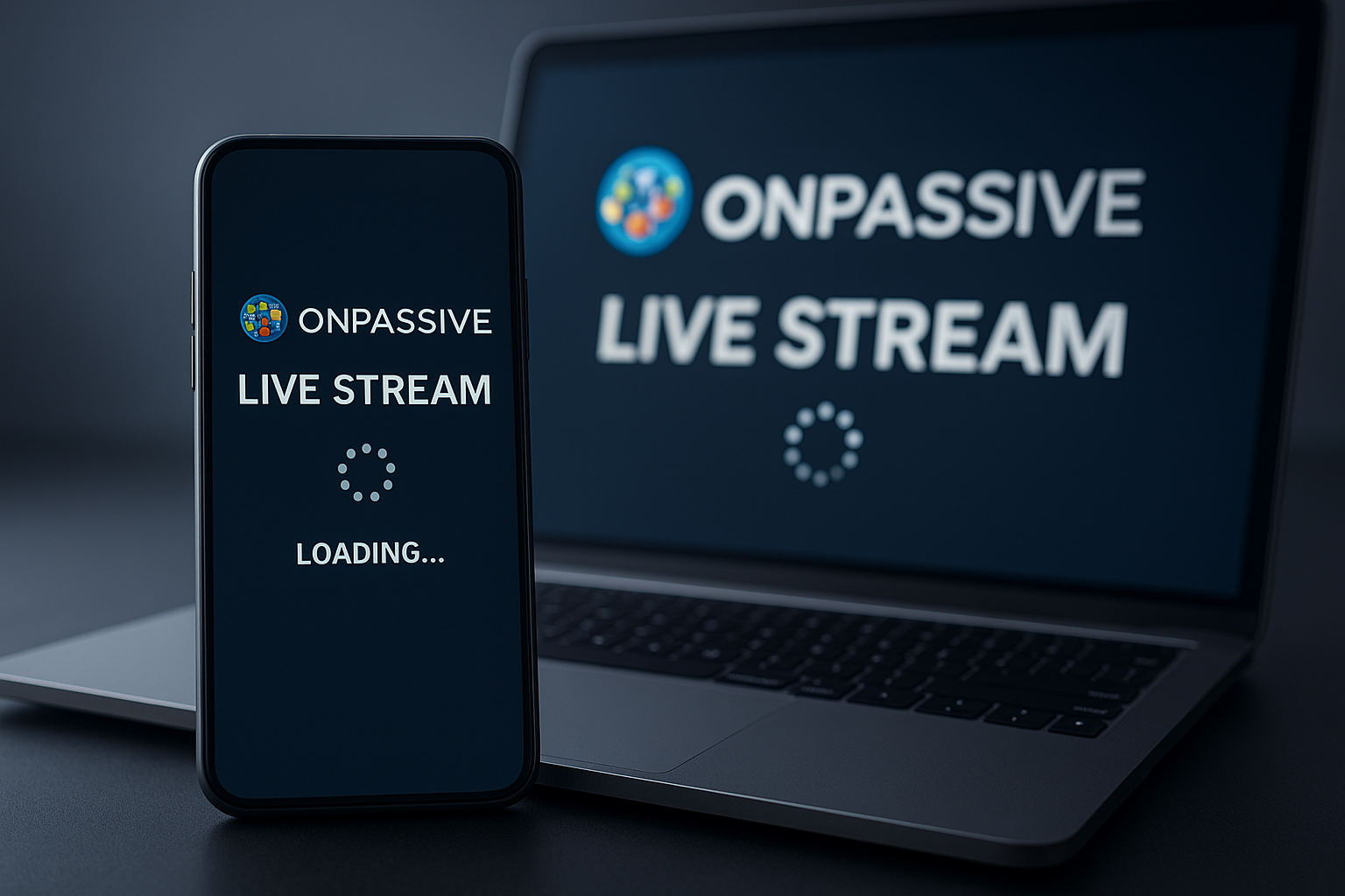 A laptop and phone displaying the ONPASSIVE live stream loading screen, building anticipation for the upcoming Global Address.