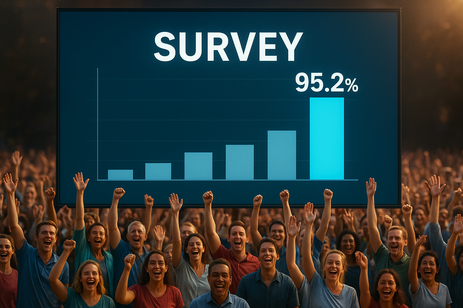 A celebratory image of the ONPASSIVE community reacting to the overwhelming 90% positive response from the recent survey.
