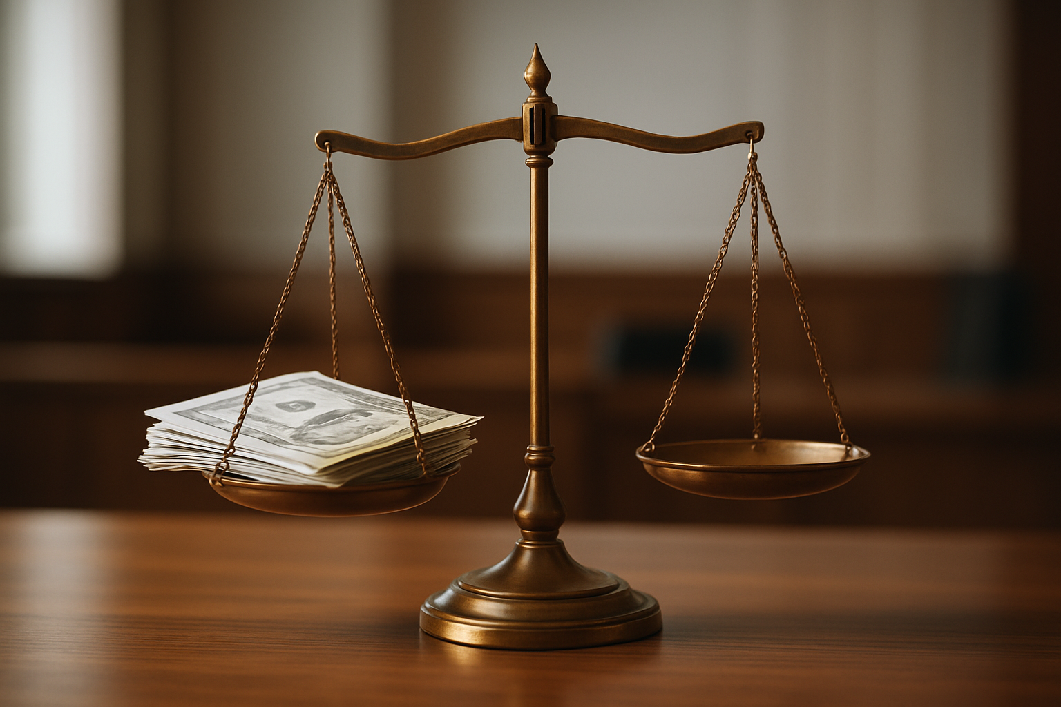 A set of scales of justice with legal documents and money on one side, symbolizing the conclusion of the SEC settlement.